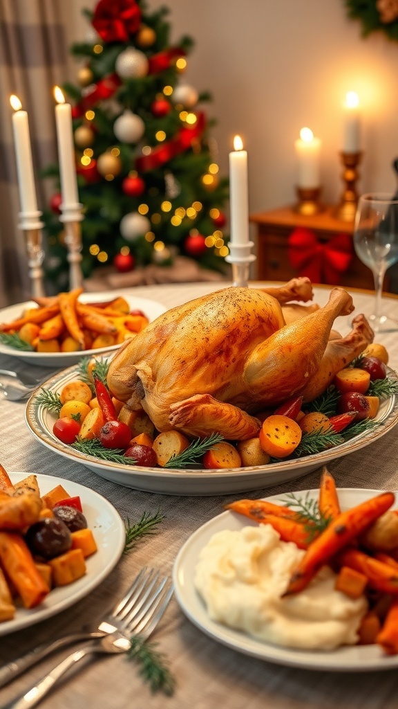 Festive Christmas Dinner for Five Friends A festive Christmas dinner table with roast chicken, vegetables, and mashed potatoes, decorated for the holiday.